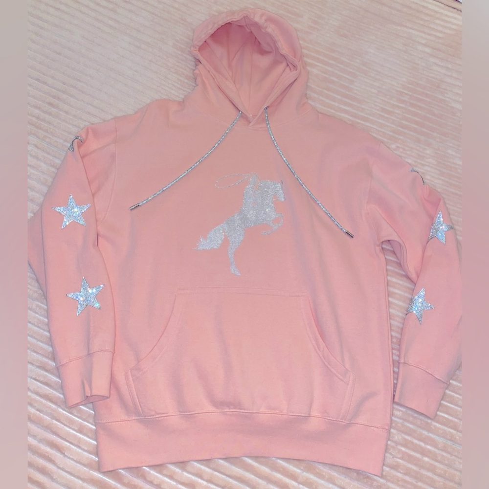 Large pink cowboy and stars hoodie with rhinestones